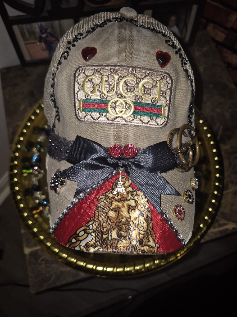 Beige Trucker Cap with Added Gucci Logo Patch,Red, Black and Gold Embellishments